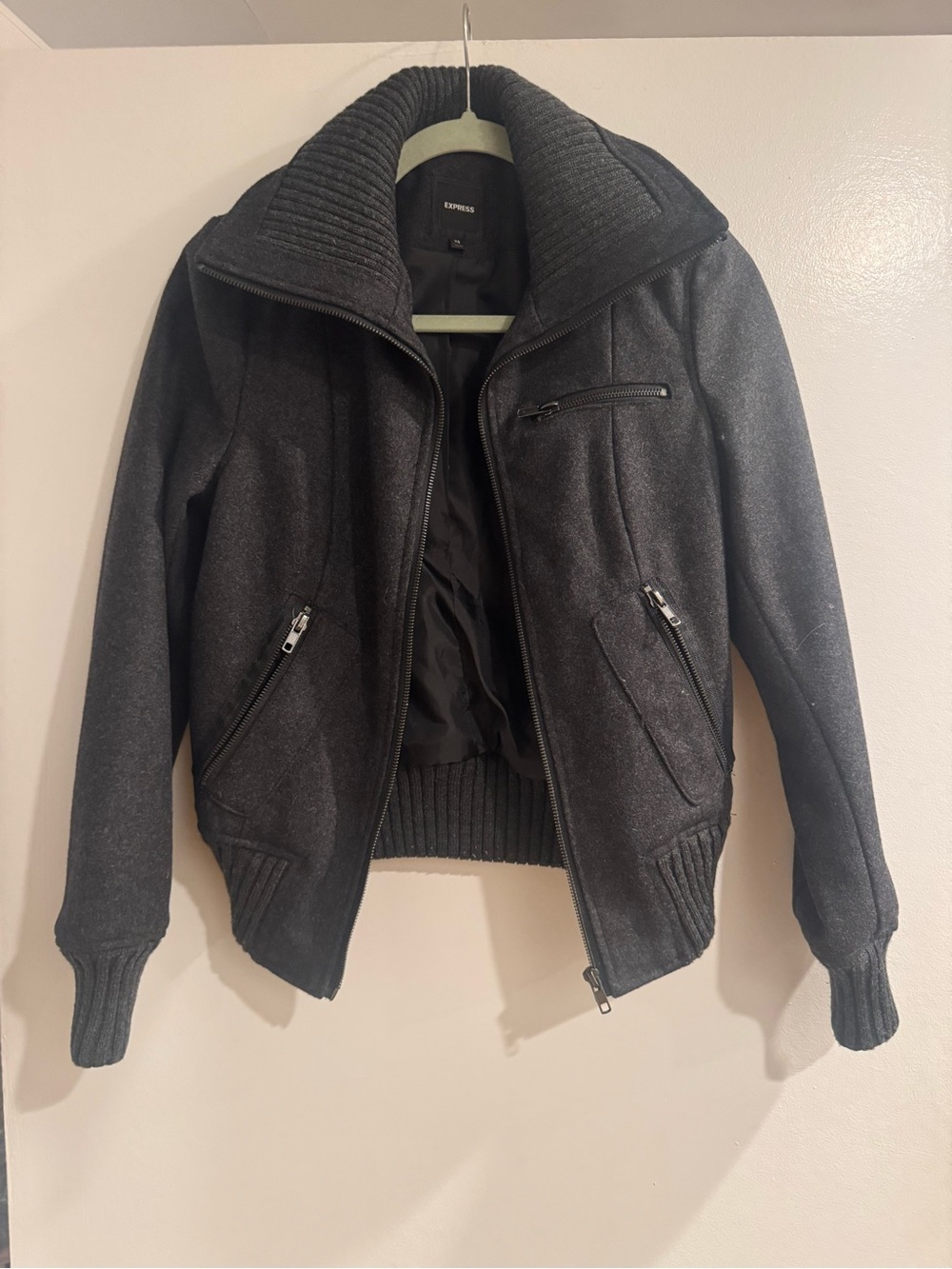 Express Women’s Charcoal Gray Wool-Blend Ribbed Collar Bomber Jacket XS